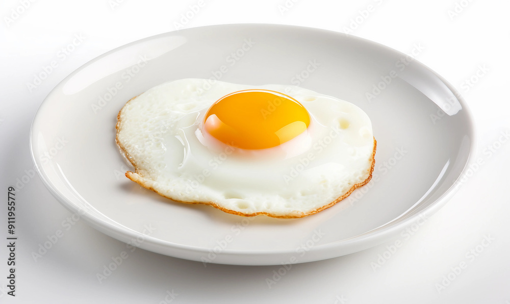 One fried egg on a white plate isolated on white background One fried egg on a white plate isolated on white background