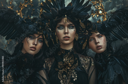 three stunningly beautiful dark haired women in black and gold fantasy , wearing crow wings on their heads, otherworldy demonessness photo