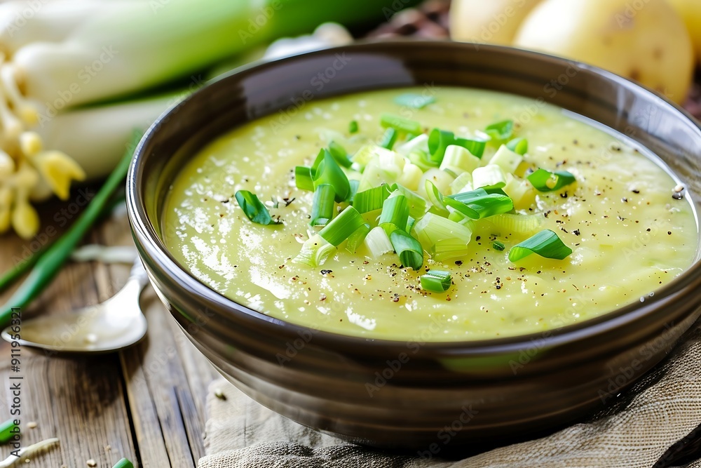 Creamy potato soup with chives and onion in a bowl Creamy potato soup with chives and onion in a bowl