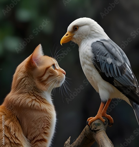 A cat and a bird sit and look at each other.