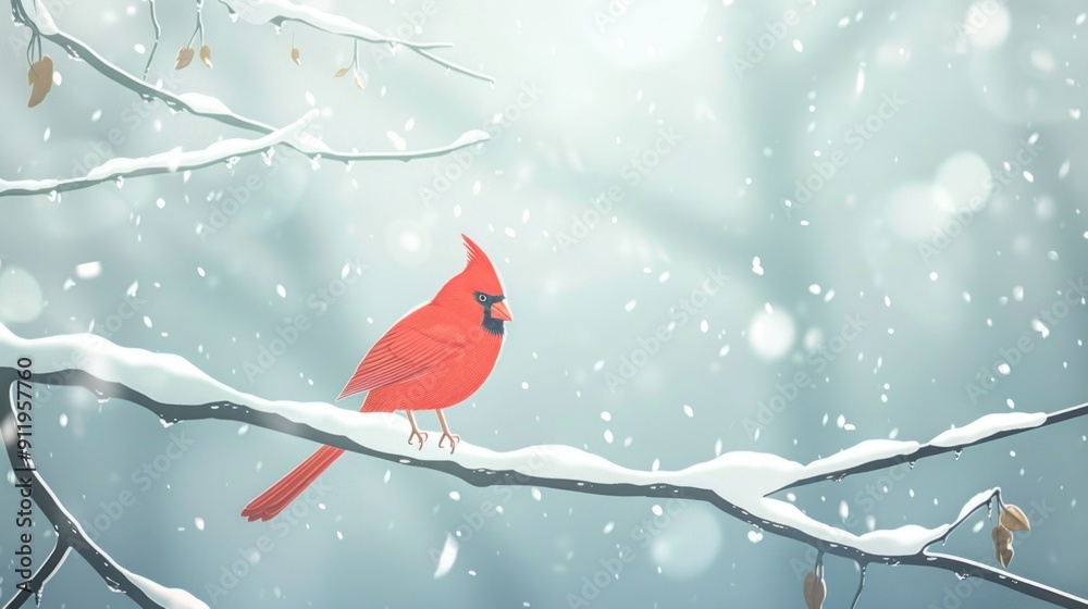 Red cardinal perched on a snow-covered branch in a wintery forest. Red cardinal perched on a snow-covered branch in a wintery forest.