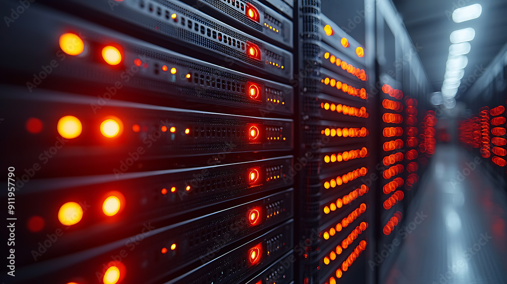 Close-up of a server rack with neatly organized cables and blinking LED ...