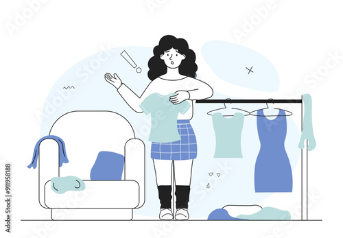 Girl got fat. Plump woman stands with small Tshirt in her hands. Fatty sad person with clothes. Overweight dissatisfated girl. Linear vector illustration