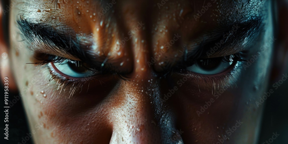 Close up of a sweaty face with intense eyes. Close up of a sweaty face with intense eyes.