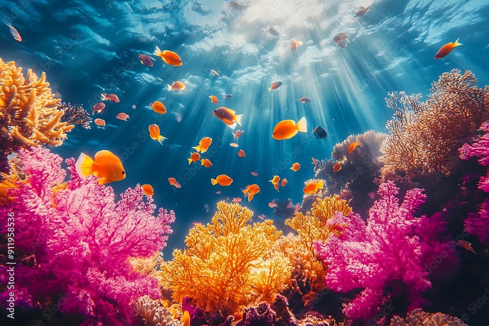 Vibrant Coral Reef with Yellow Fish and Sunbeams Vibrant Coral Reef with Yellow Fish and Sunbeams