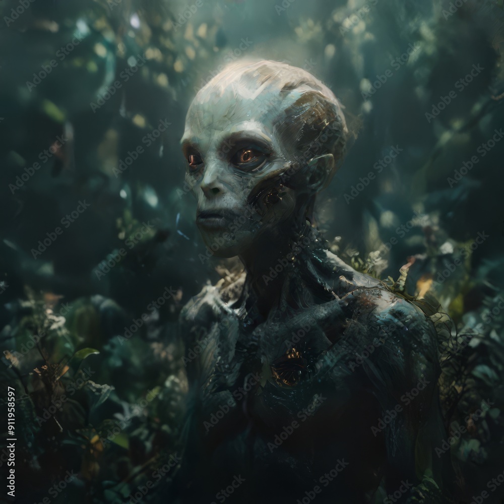 A shimmering ethereal alien, its translucent skin glows with an otherworldly light, casting a mesmerizing aura. The main subject is a creature with iridescent tentacles flowing behind it, giving off a