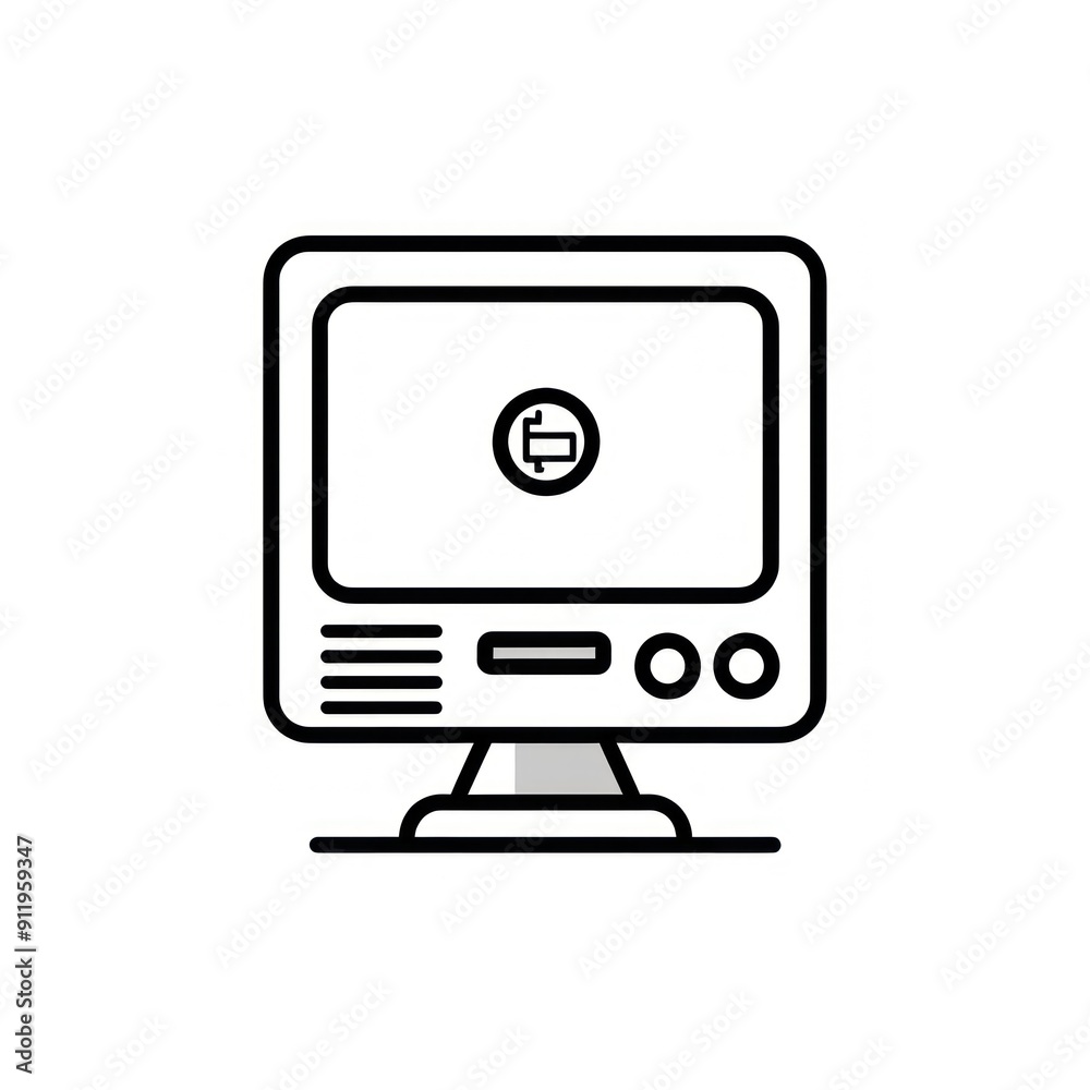 Simple black and white monitor icon with a play button inside. Simple black and white monitor icon with a play button inside.