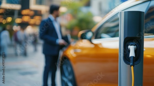 Focus closeup electric vehicle recharge battery at public charging station in the city area with blur businessman in background