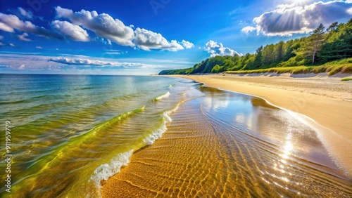 Fototapeta Naklejka Na Ścianę i Meble -  Sunny beach of the Baltic Sea with golden sand and crystal clear water, Baltic Sea, sunny, beach, golden sand