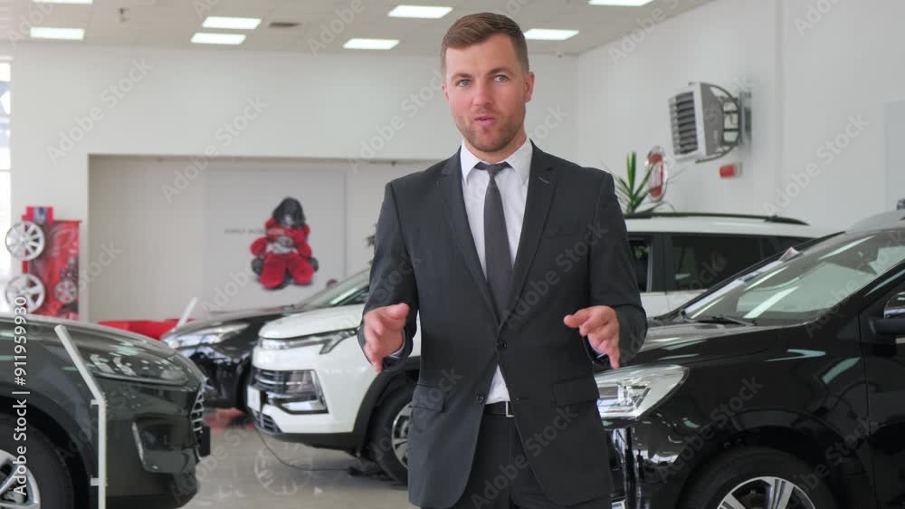 Man in suit trousers gesturing in front of car showroom Man in suit trousers gesturing in front of car showroom