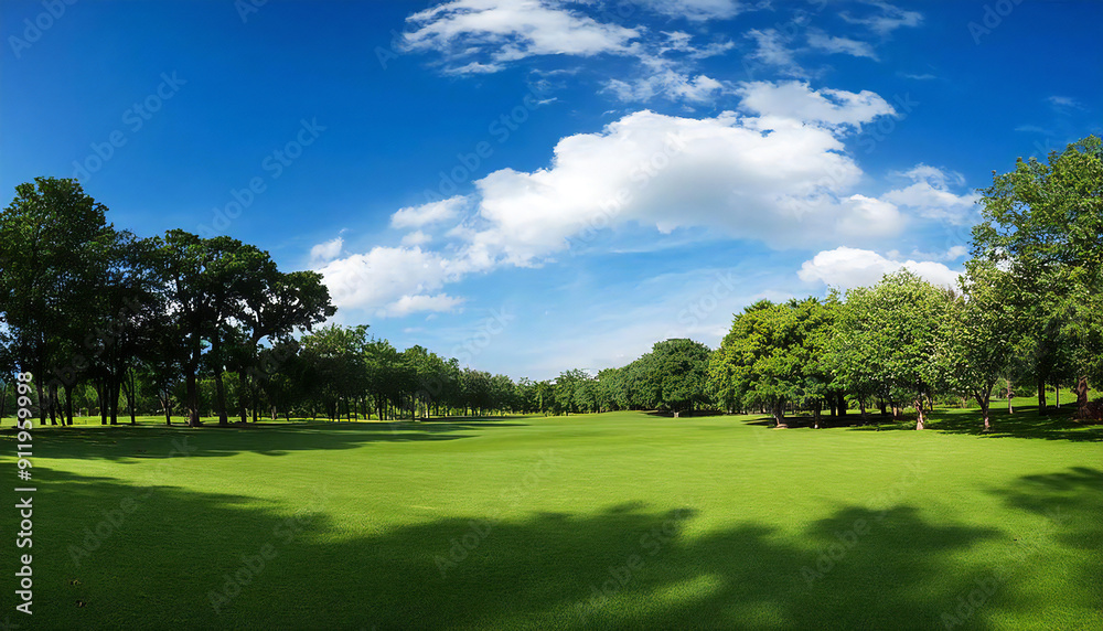 青空と芝生。広い公園。Blue sky and grass. A large park.