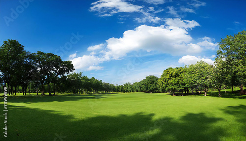 青空と芝生。広い公園。Blue sky and grass. A large park.