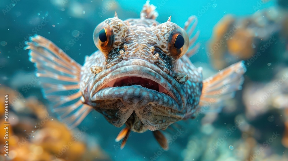 A close-up image of a coral reef fish displaying its bright colors and patterns. The fish appears to be in the midst of an action, possibly swimming or feeding. A close-up image of a coral reef fish displaying its bright colors and patterns. The fish appears to be in the midst of an action, possibly swimming or feeding.