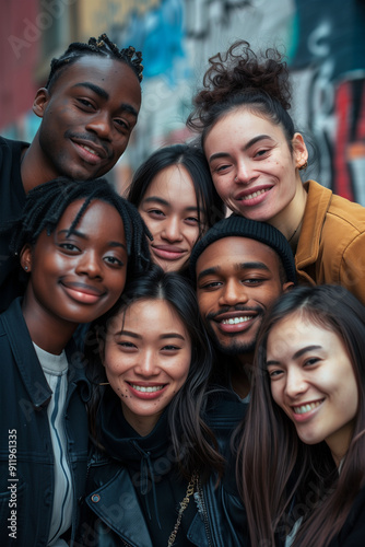 A group of multiethnic friends taking a selfie photo outdoors, on vacation between friends.