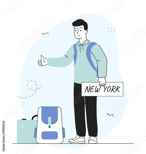 Hitchhiker man concept. Young guy votes on highway with New York sign. Travel and tourism. Tourist passenger stops car for trip. Linear vector illustration