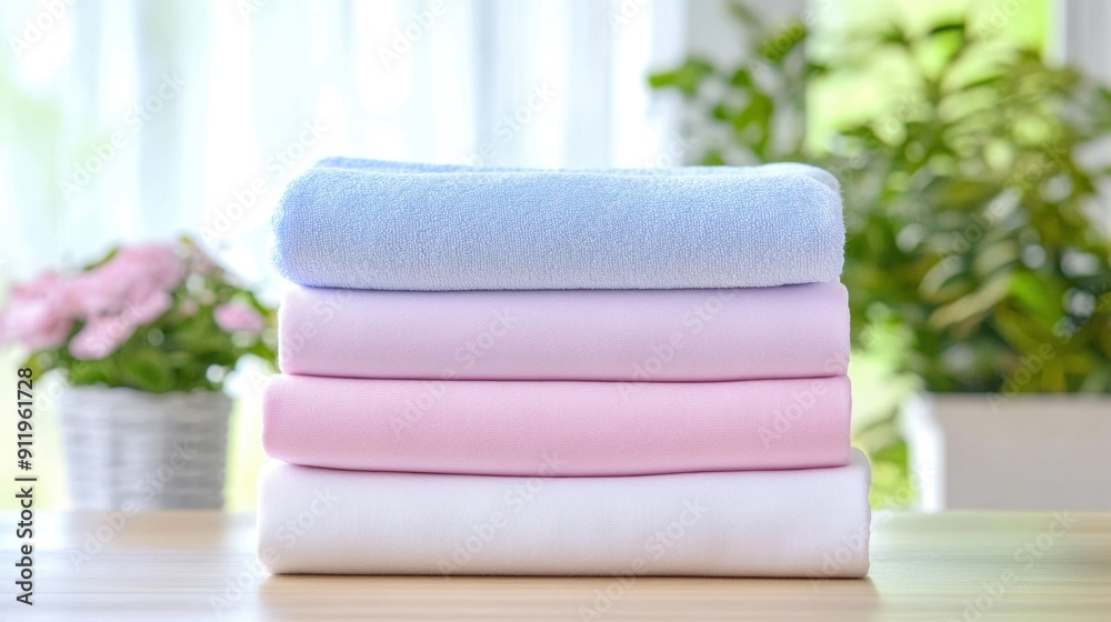 Softly colored towels are neatly folded on a wooden table under natural light, surrounded by indoor plants Softly colored towels are neatly folded on a wooden table under natural light, surrounded by indoor plants