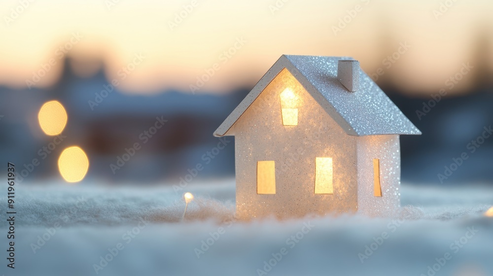 A delicate paper house model adorned with glowing lights shines brightly against a soft backdrop at dusk A delicate paper house model adorned with glowing lights shines brightly against a soft backdrop at dusk