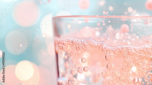 Pink bubbles gently rise in a clear liquid, reflecting light and creating a soft, dreamy atmosphere