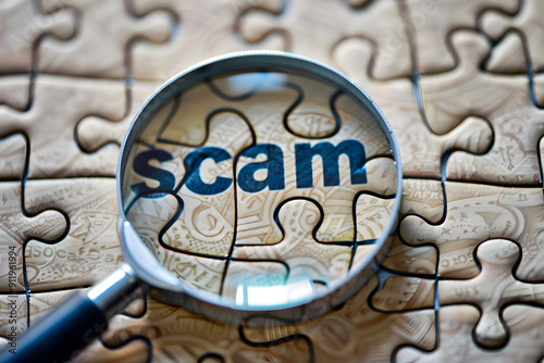 fraud and scam. a magnifying glass focusing on word 