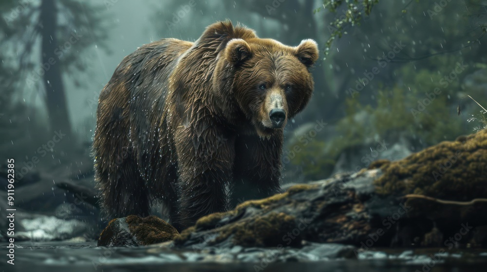 A powerful brown bear walking through a forested area on a misty day. A powerful brown bear walking through a forested area on a misty day.