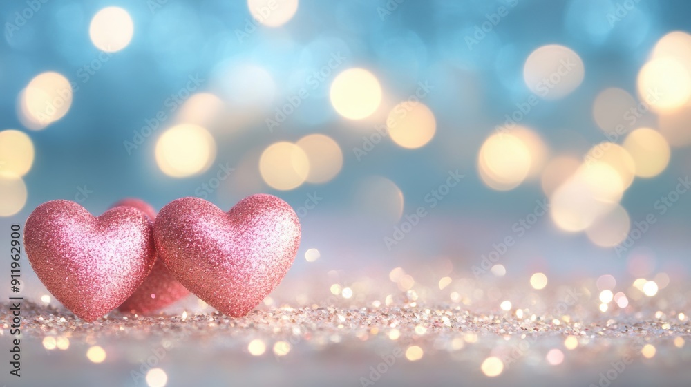 Two sparkling pink hearts sit on a shimmering surface, illuminated by a dreamy bokeh backdrop