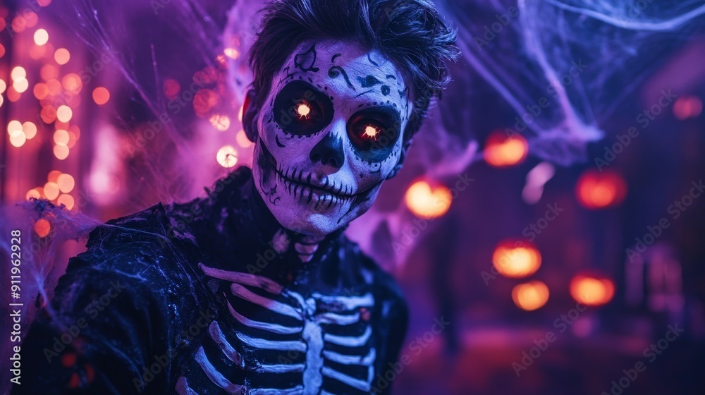 Gothic Vampire Portrait with Cape, Fangs, and Red Contacts on Dramatic Red Background with Bats and Jack-o'-lanterns Gothic Vampire Portrait with Cape, Fangs, and Red Contacts on Dramatic Red Background with Bats and Jack-o'-lanterns