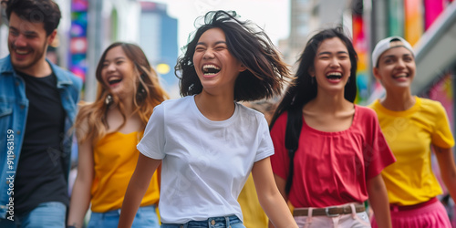 a group of young multi-ethnic friends standing in a modern city, smiling and happy, international exchange students