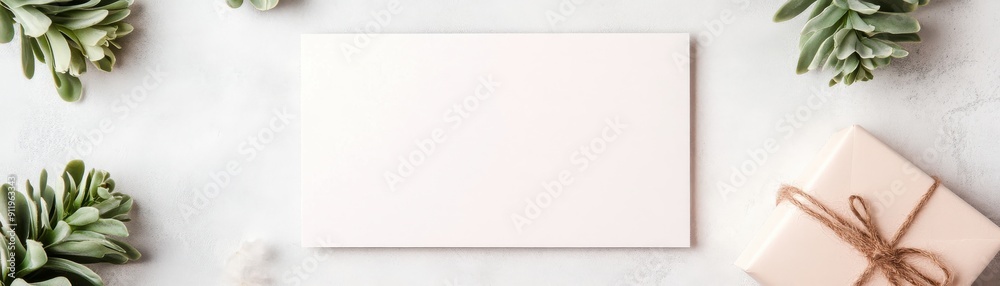 Elegant blank card on a marble background, surrounded by plants and a gift box, perfect for personal notes and celebrations. Elegant blank card on a marble background, surrounded by plants and a gift box, perfect for personal notes and celebrations.
