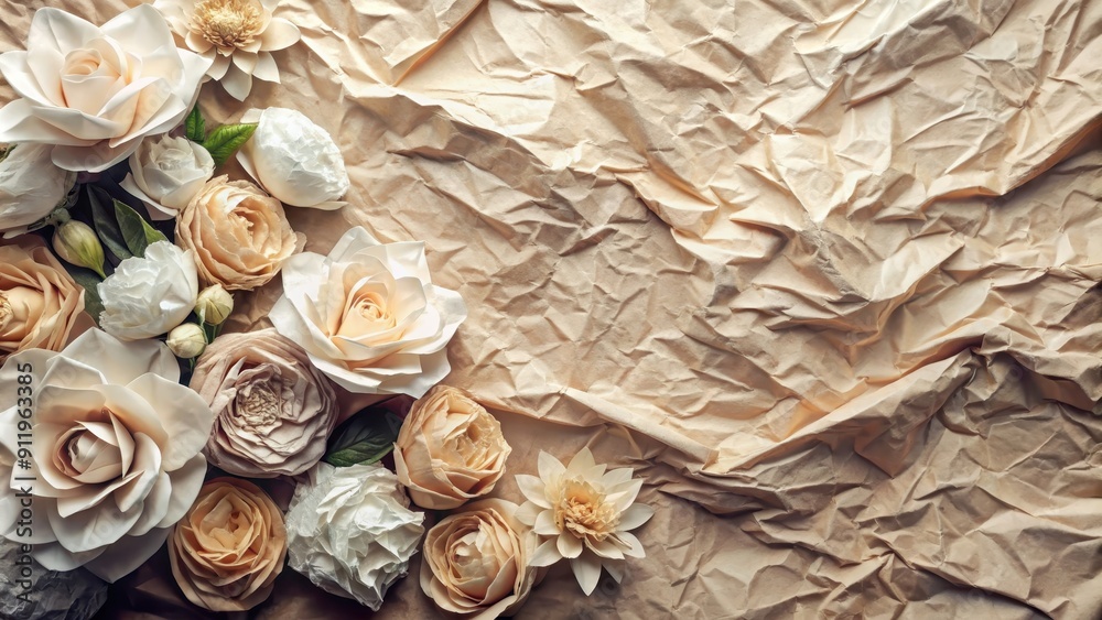 Crumpled paper and delicate paper flowers in a creative arrangement, crumpled, paper, flowers, arrangement, craft, art Crumpled paper and delicate paper flowers in a creative arrangement, crumpled, paper, flowers, arrangement, craft, art