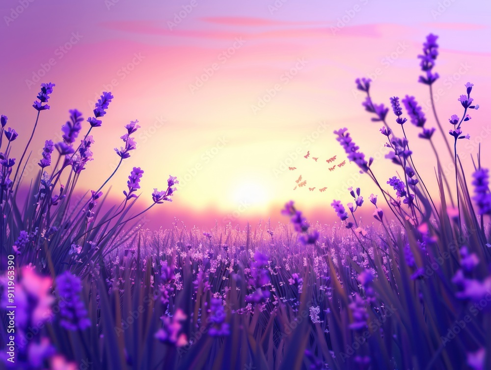 Fototapeta premium Purple flowers blooming in a field at sunset.