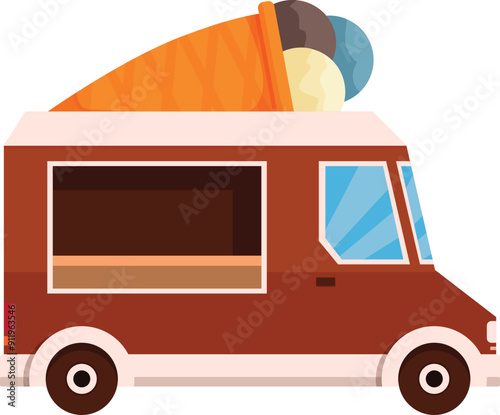 Side view of a brown ice cream food truck with an open window, serving cold refreshments