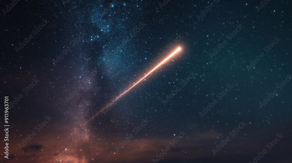 A vibrant red meteor streaks across a star-filled night sky above a tranquil landscape