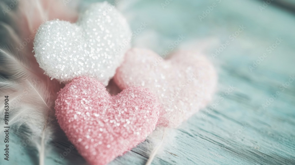 Delicate pink and white glittering hearts rest gently on soft feathers against a rustic wooden backdrop