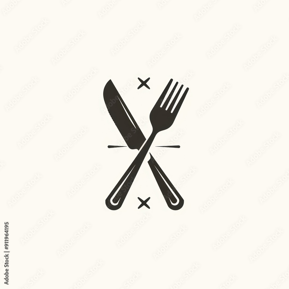 Simple black and white crossed knife and fork icon.