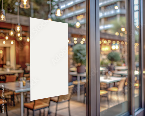 Poster promotion design mockup. Vertical empty white blank paper advertising banner frame template mock up displayed on the front of cafe bar restaurant or coffee shop window glass photo