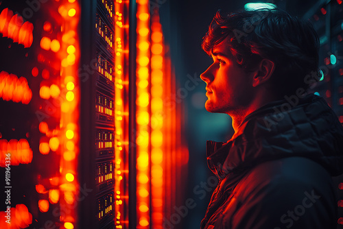 A data center at night, softly illuminated by screens and server lights, with a lone technician working on a terminal in the distance. 