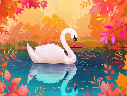 A white swan gracefully swims in a tranquil blue lake surrounded by vibrant autumn leaves. photo