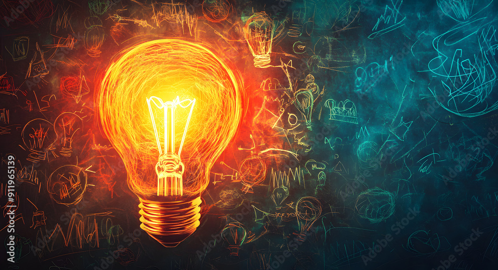 A Glowing Light Bulb Surrounded by Doodles of Ideas and Concepts A Glowing Light Bulb Surrounded by Doodles of Ideas and Concepts