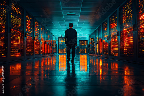 A data center at night, softly illuminated by screens and server lights, with a lone technician working on a terminal in the distance. 