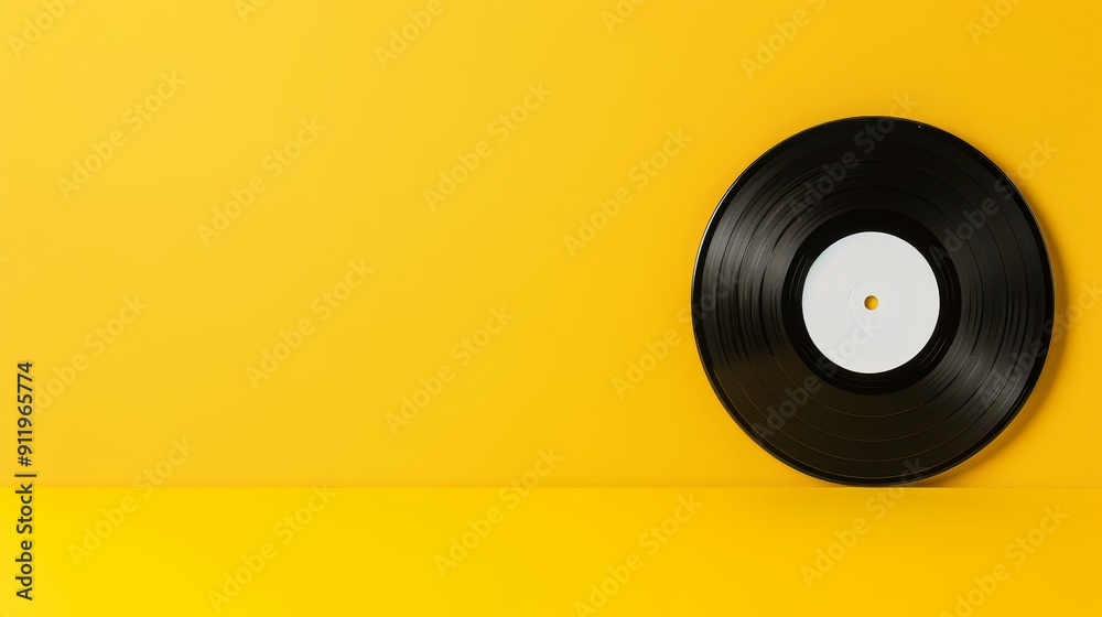 Bright yellow background with a vinyl record and empty labeld Bright yellow background with a vinyl record and empty labeld