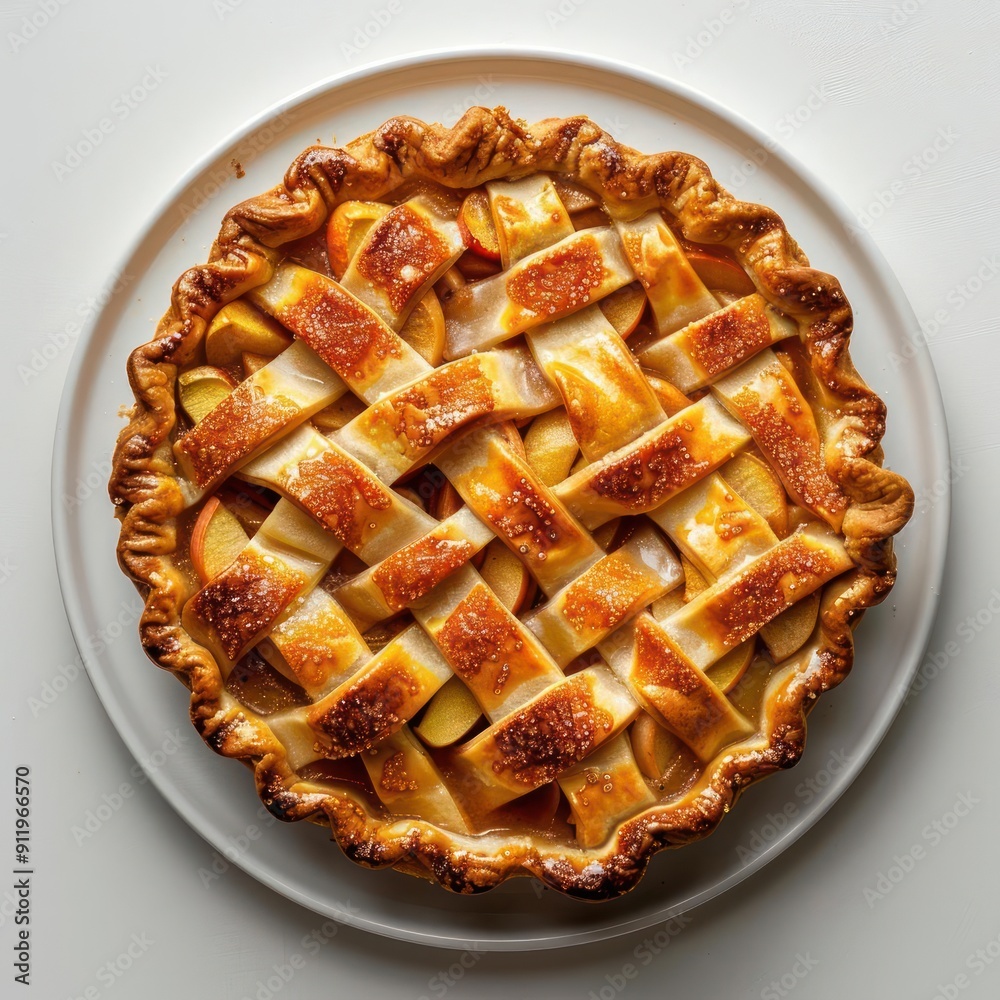 A close up photo of a freshly baked apple pie with golden brown crust and a flaky topping. A close up photo of a freshly baked apple pie with golden brown crust and a flaky topping.