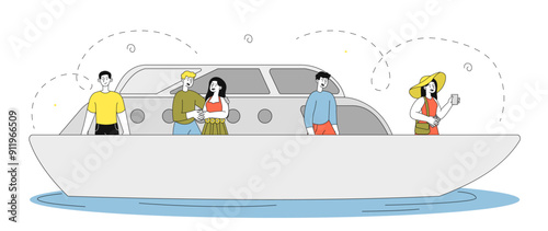 Liner with people. Men and women on ship sail in sea and ocean. Tourists and travelers on nautical cruise and voyage. Holiday and vacation. Linear vector illustration