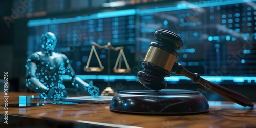 Gavel, scales of justice and a digital human figure.