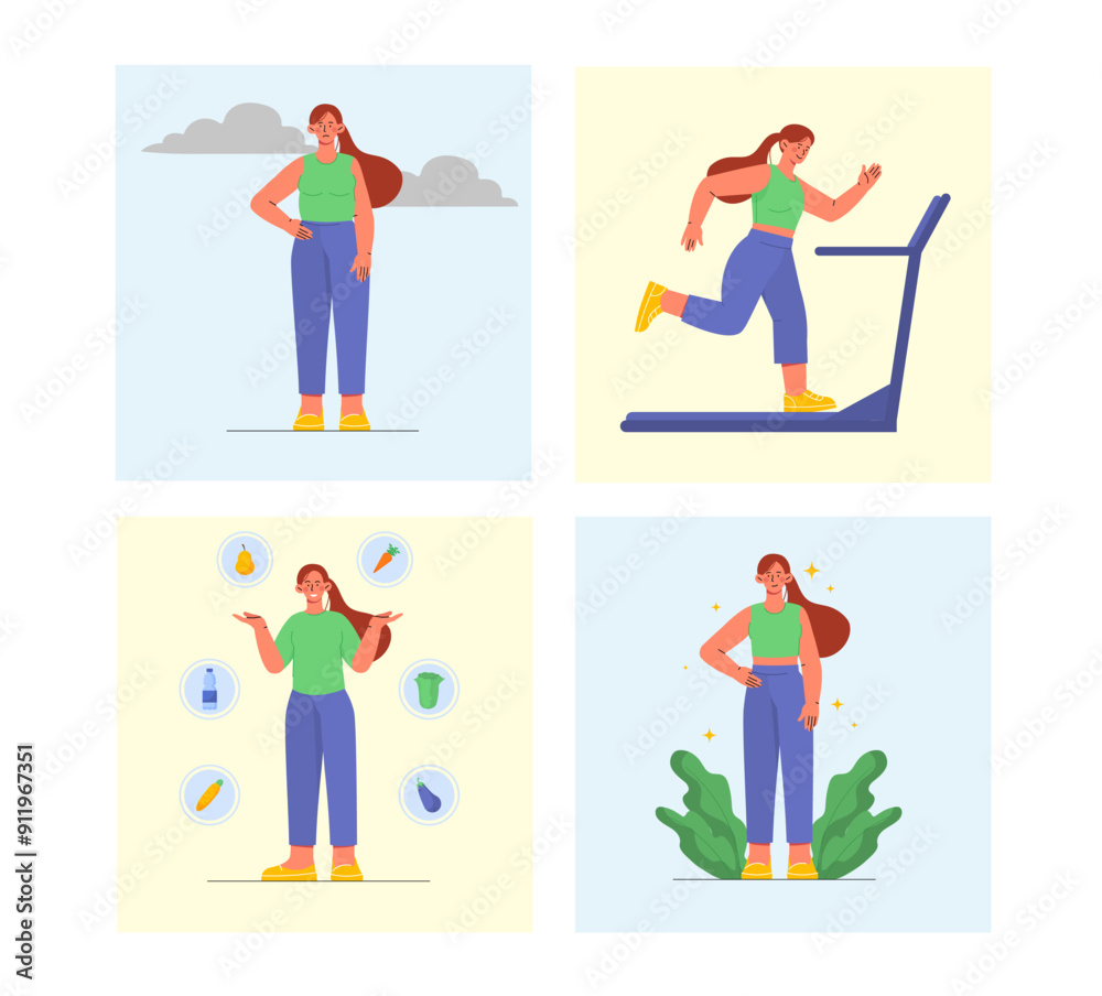 Fototapeta premium Woman lose weight. Young girl runs on treadmill and eats healthy food. Active lifestyle and sports. Fitness and workout, cardio training. Proper diet and nutrition. Flat vector illustration