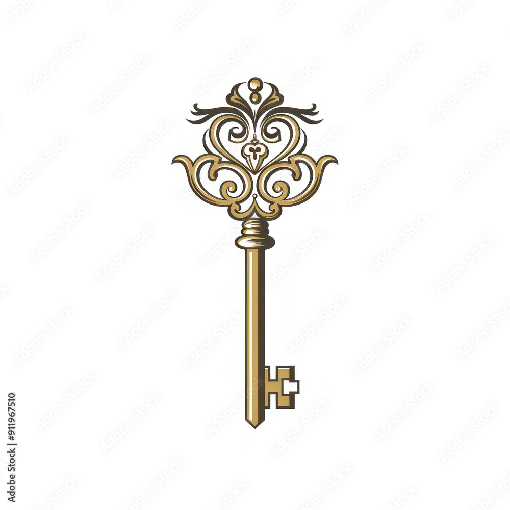 Ornate golden key with decorative swirls and a pointed tip. Ornate golden key with decorative swirls and a pointed tip.
