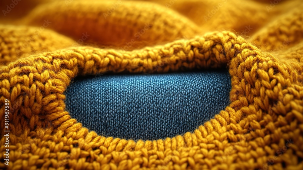 Close-up of Mustard Yellow Knit Fabric with a Blue Underlayer