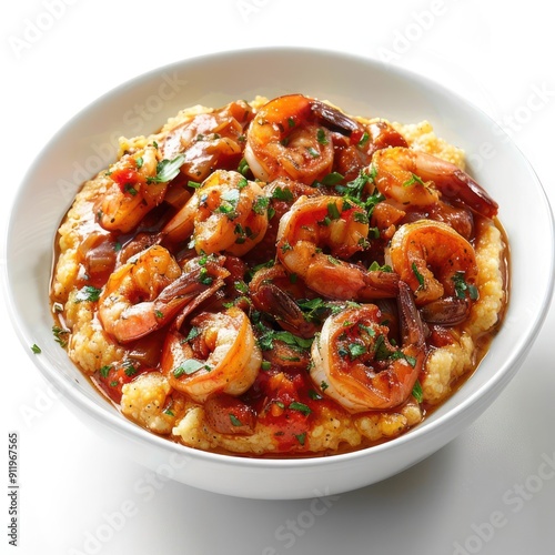 Gourmet meal with shrimp, grits, tomato sauce, peppers, onions and herbs.