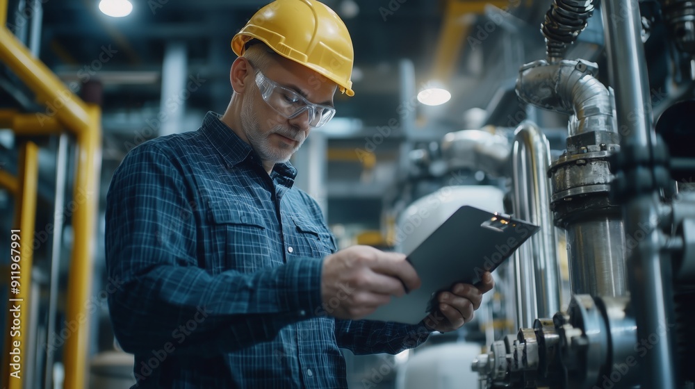 Male industrial engineer wearing a hard hat inspects factory machinery while recording observations on a clipboard, focusing on safety and efficiency. Male industrial engineer wearing a hard hat inspects factory machinery while recording observations on a clipboard, focusing on safety and efficiency.