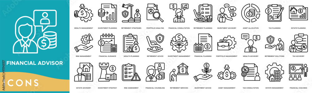 Financial Advisor icon. Wealth Management, Investment Planning, Retirement Strategies, Portfolio Analysis and Financial Consultation Financial Advisor icon. Wealth Management, Investment Planning, Retirement Strategies, Portfolio Analysis and Financial Consultation