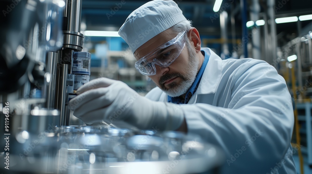 Scientist in protective gear conducting research in a high-tech laboratory, with a focused expression and advanced equipment in the background.